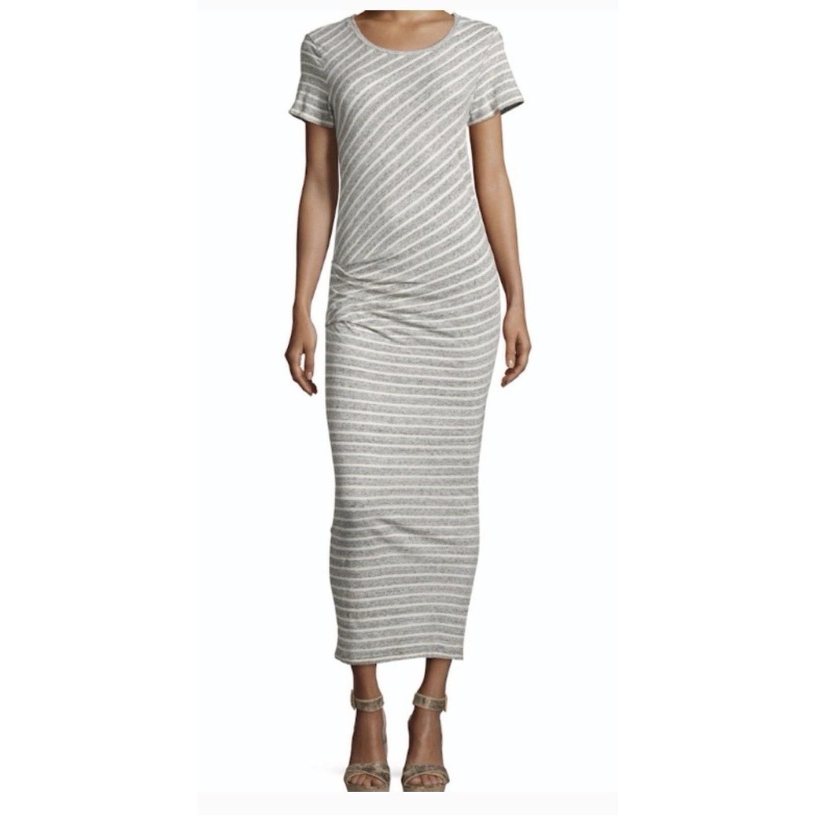 James Perse Women’s T-Shirt Maxi Dress Ruched Size 0/Xs Brown Ivory Stripe